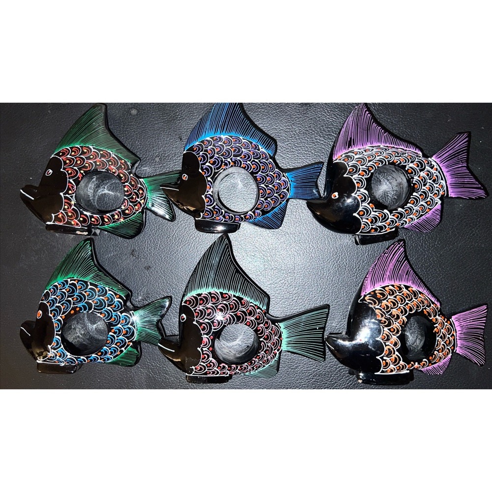 Set Of 6 Hand Painted Wood Tropical Fish Table Napkin Rings Holder Vintage
